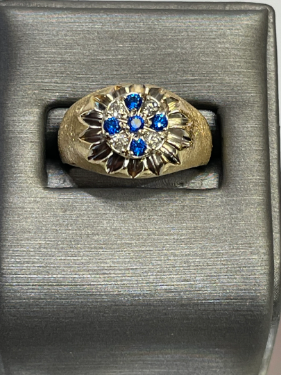 Men's 14 Karat Yellow Gold Stone Finish Diamond & Sapphire Ring