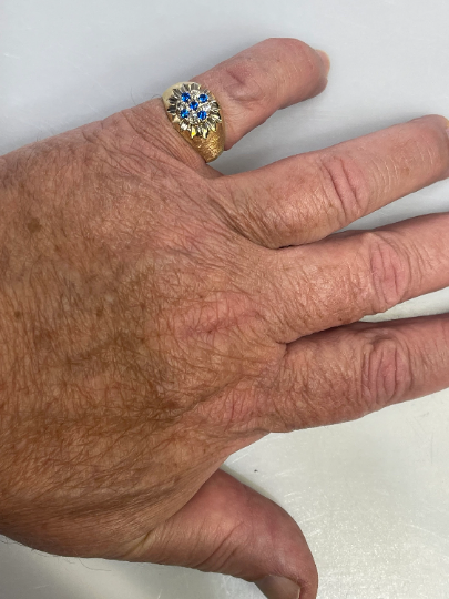 Men's 14 Karat Yellow Gold Stone Finish Diamond & Sapphire Ring