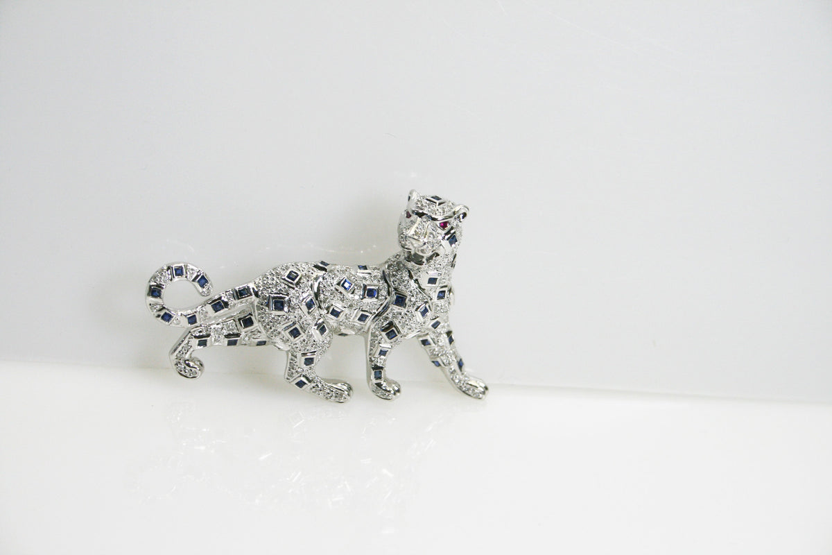 18KT White Gold Diamond & Sapphire Leopard Pin With Ruby Eyes Animal Cat Wild - Philadelphia Gold & Silver Exchange