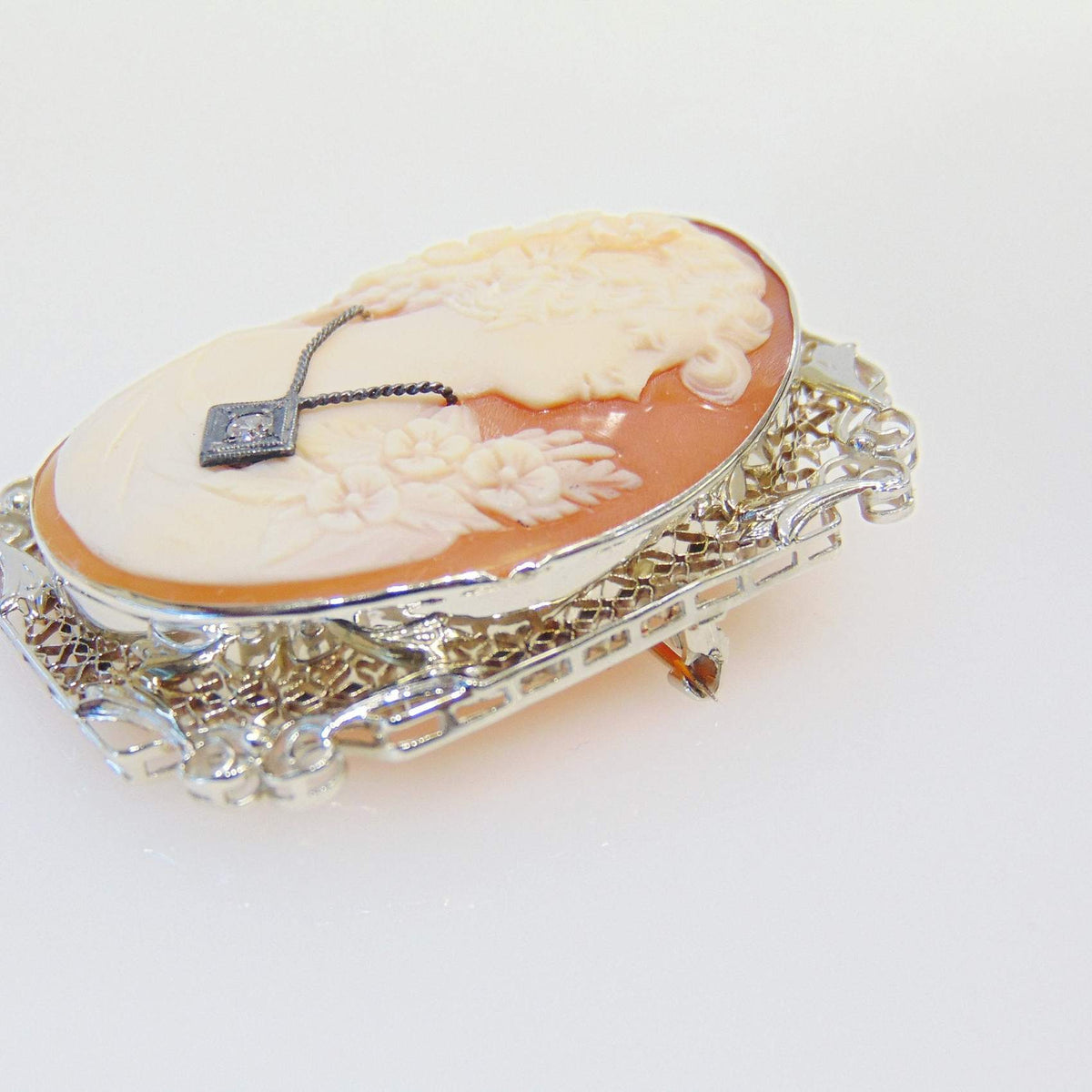 Vintage Fancy 14KT W/G Filigree Framed Cameo Pin Brooch or Pendant Beautiful Face - Philadelphia Gold & Silver Exchange