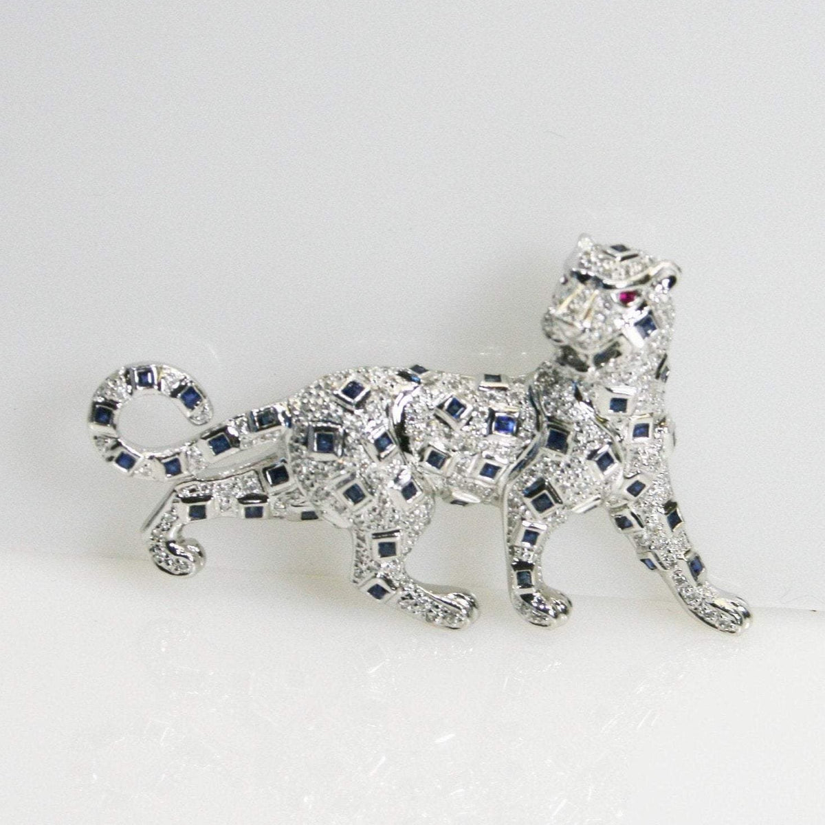 18KT White Gold Diamond & Sapphire Leopard Pin With Ruby Eyes Animal Cat Wild - Philadelphia Gold & Silver Exchange