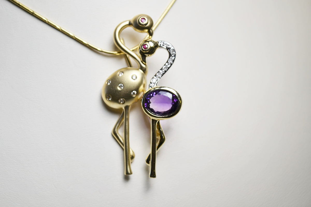 14 Karat Yellow Gold Diamond & Amethyst Flamingo Pendant Pin - Philadelphia Gold & Silver Exchange