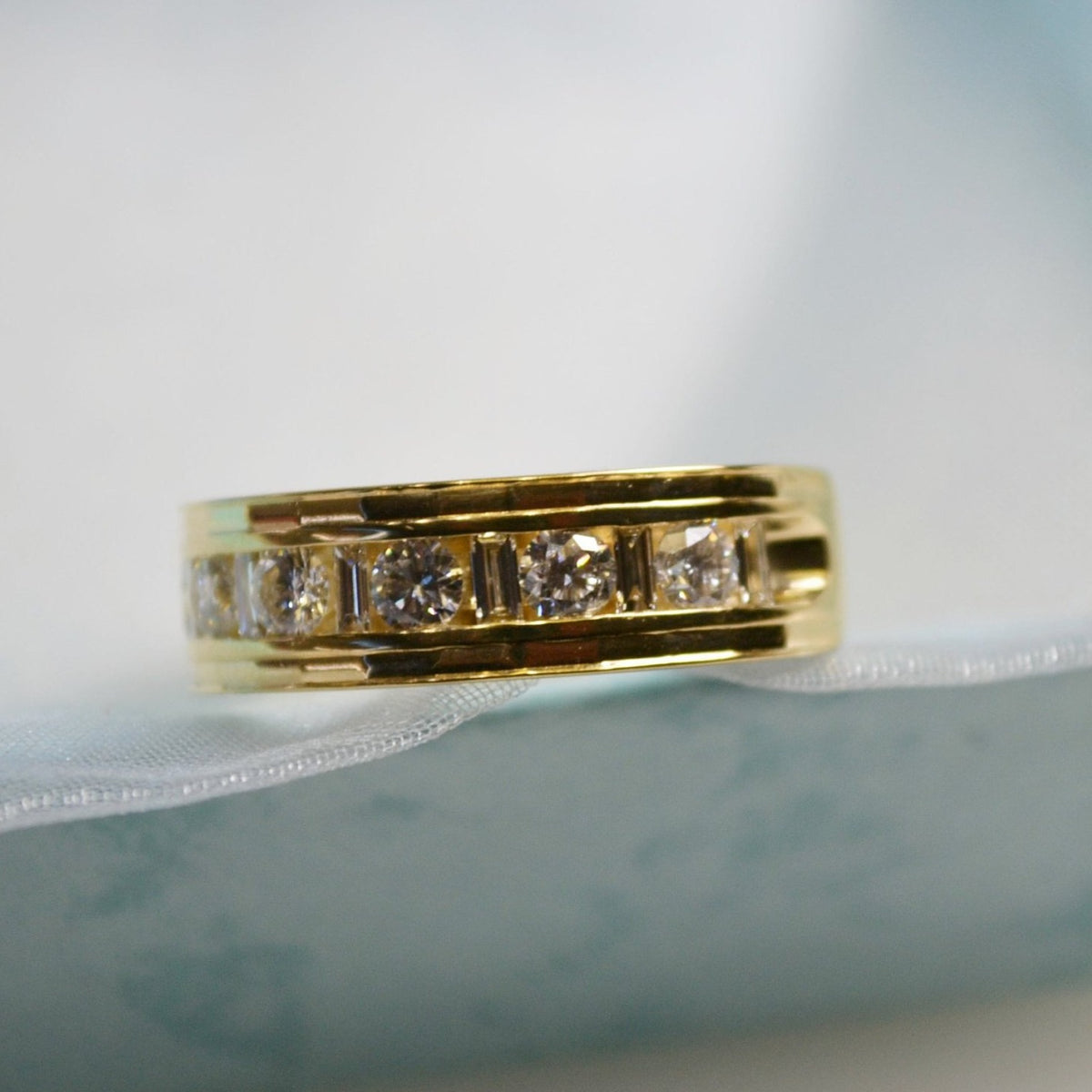 View one of 22 Karat Yellow Gold Faceted Diamond Men's Band With Round & Baguette Diamonds