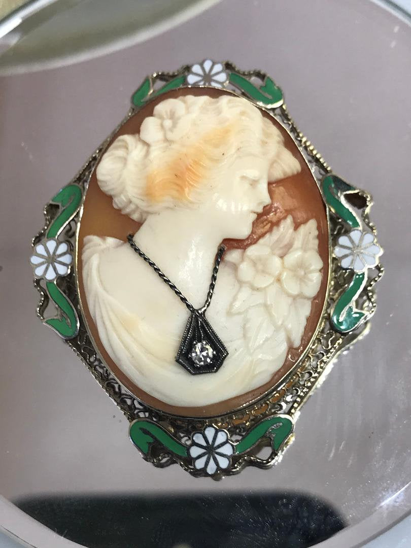 View one of 14 Karat White Gold Antique Victorian Cameo Hand Carved In Coral With Filigree