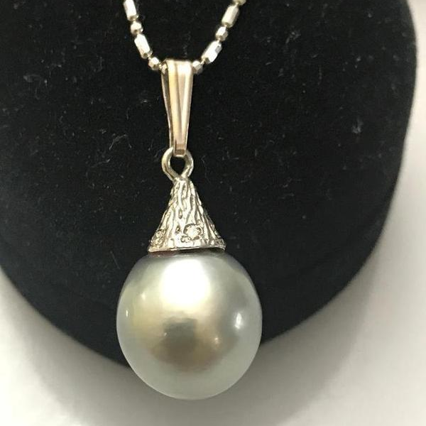 View one of 14 Karat Solid White Gold Black Pearl & Diamond Pendant