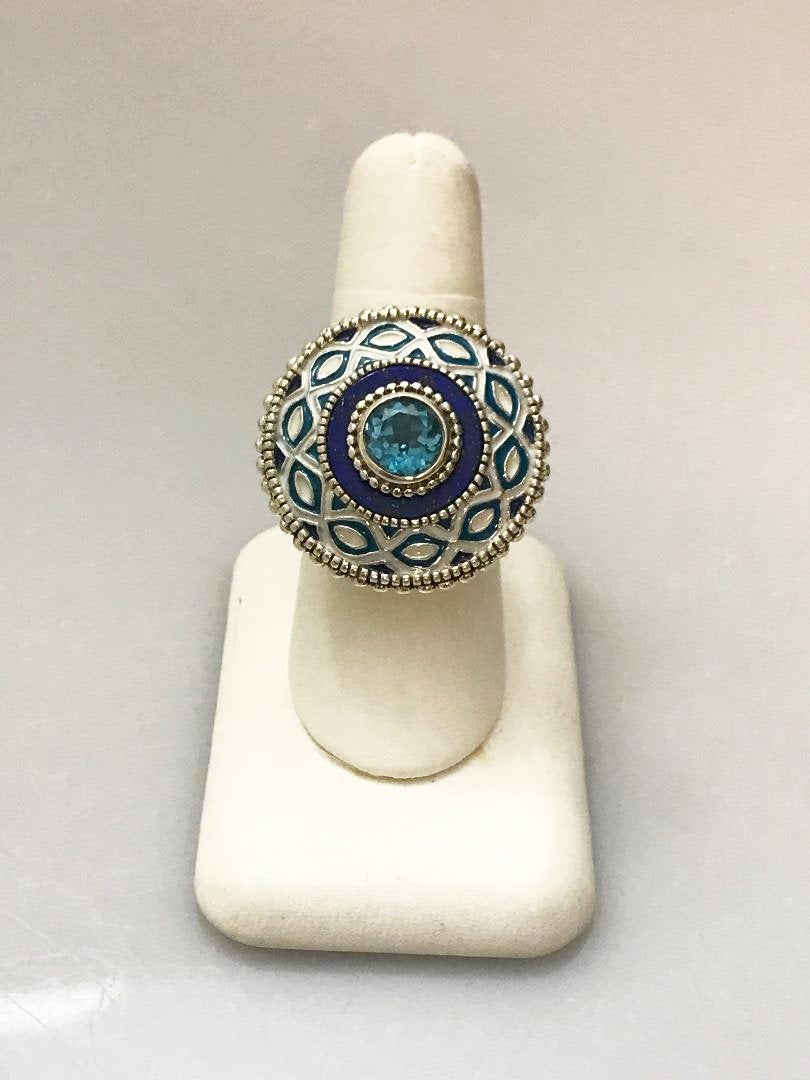 View one of Sterling Silver .925 Blue Topaz And Enamel Ring Size 10 Aztec Look