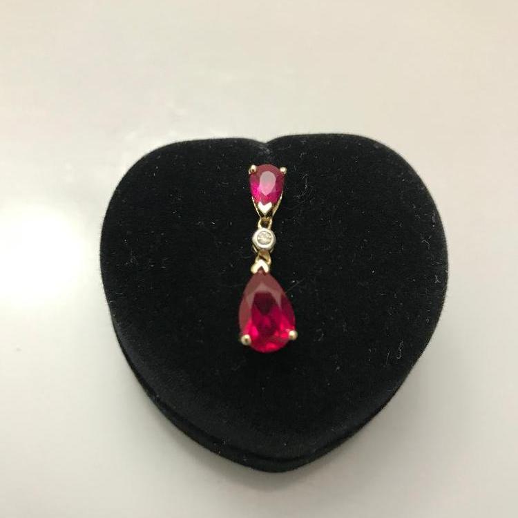 10KT Yellow Gold Inverted Pear Shaped ruby & Diamond Pendant - Philadelphia Gold & Silver Exchange
