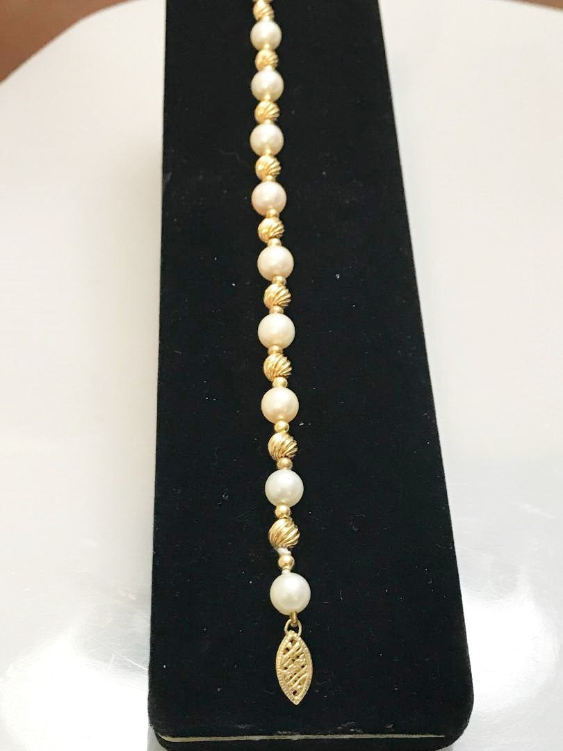 View two of 14 Karat Solid Yellow Gold Corrugated Ball And Pearl Bracelet 8" Long