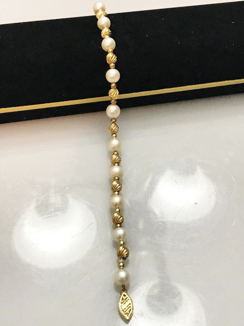View four of 14 Karat Solid Yellow Gold Corrugated Ball And Pearl Bracelet 8" Long