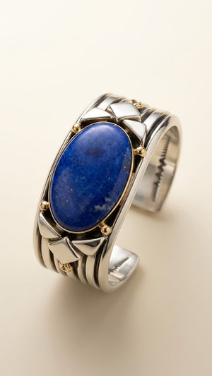 Sterling silver cuff bracelet with lapis lazuli Cabochon on by Marita Gil.