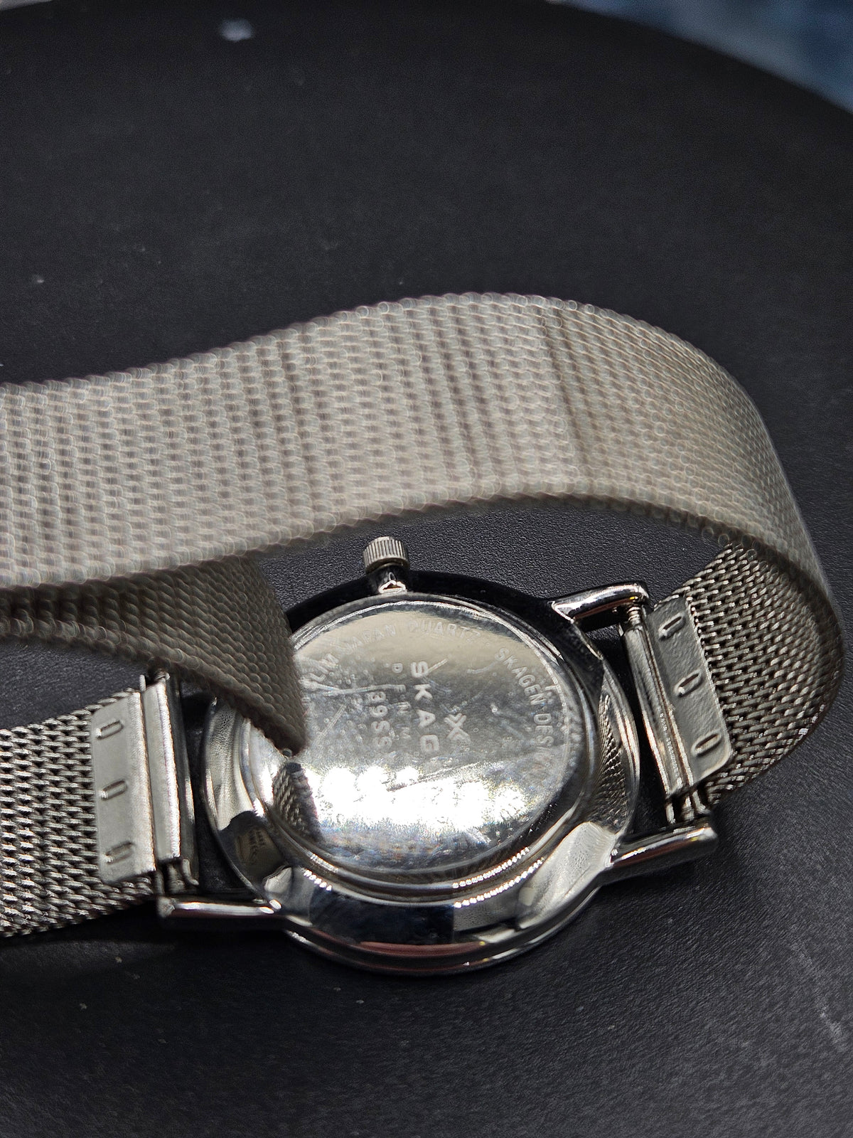 Vintage Skagen stainless steel watch. Jewel hour markers and mesh strap