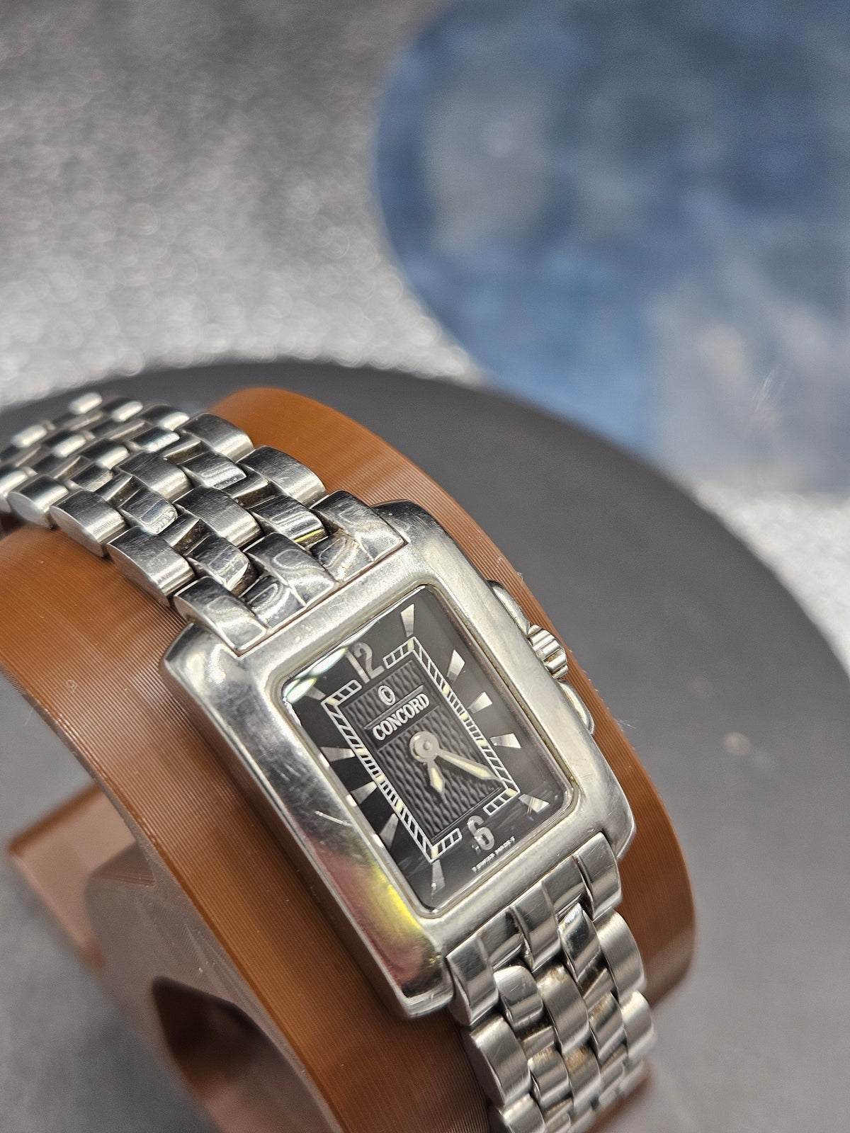 Vintage Concord Sportivo black dial rectangle quartz diamond watch with stainless steel bracelet