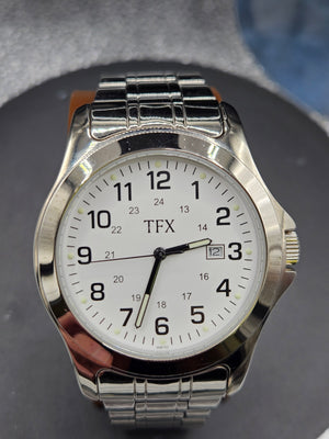 Vintage TFX by Bulova stainless steel date white enamel dial mens watch