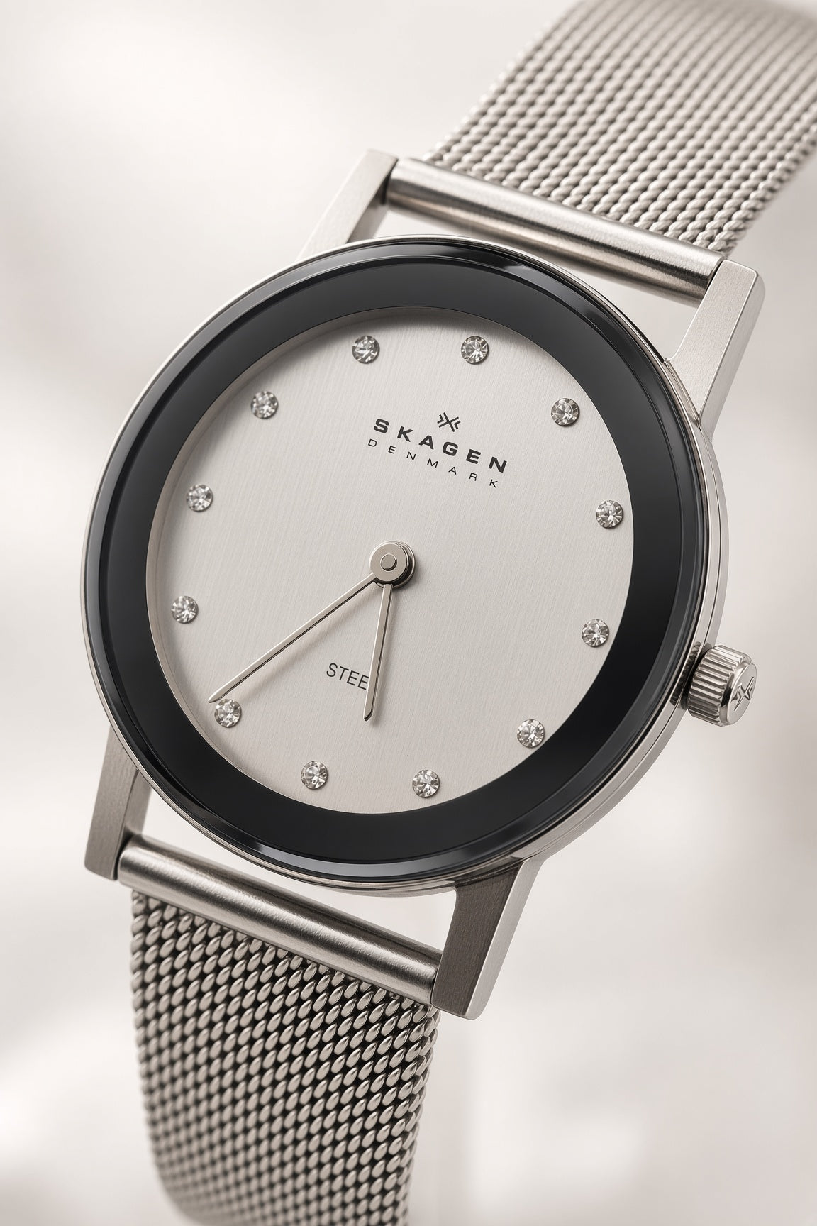Vintage Skagen stainless steel watch. Jewel hour markers and mesh strap