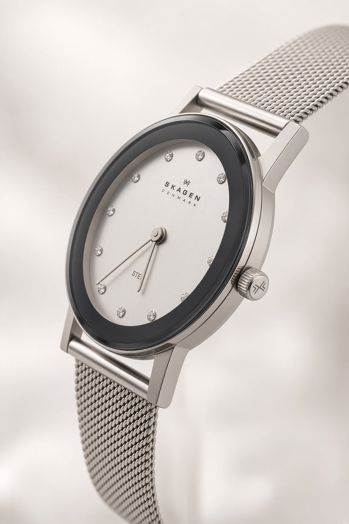 Vintage Skagen stainless steel watch. Jewel hour markers and mesh strap