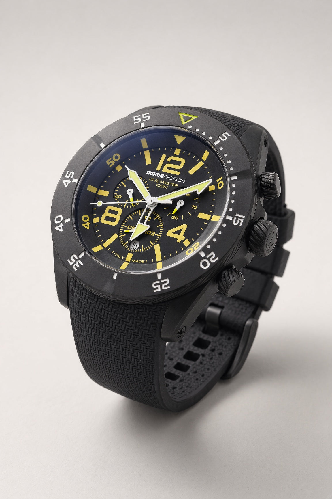 MOMODESIGN Dive Master 100M Chronograph – Black PVD, Yellow Accents, Rubber Strap, photo 5