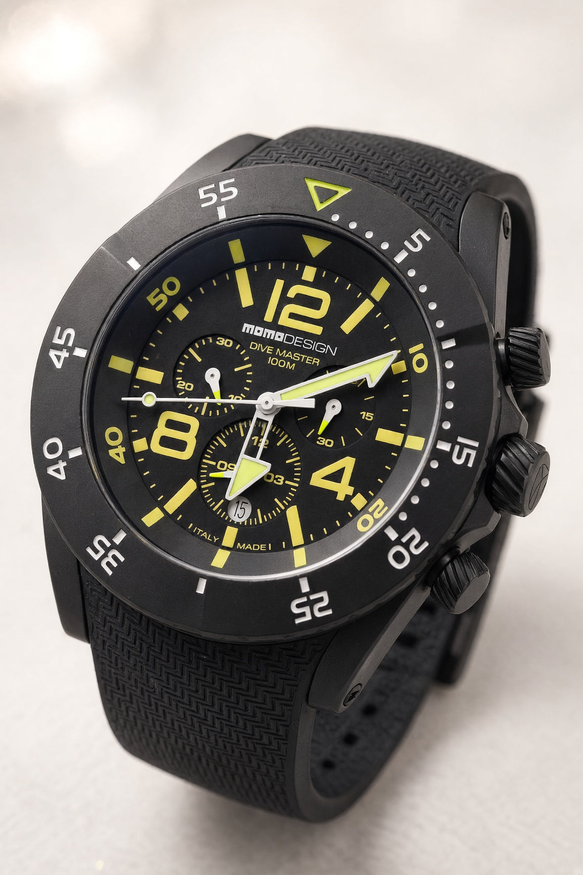 MOMODESIGN Dive Master 100M Chronograph – Black PVD, Yellow Accents, Rubber Strap
