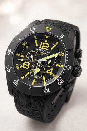 MOMODESIGN Dive Master 100M Chronograph – Black PVD, Yellow Accents, Rubber Strap