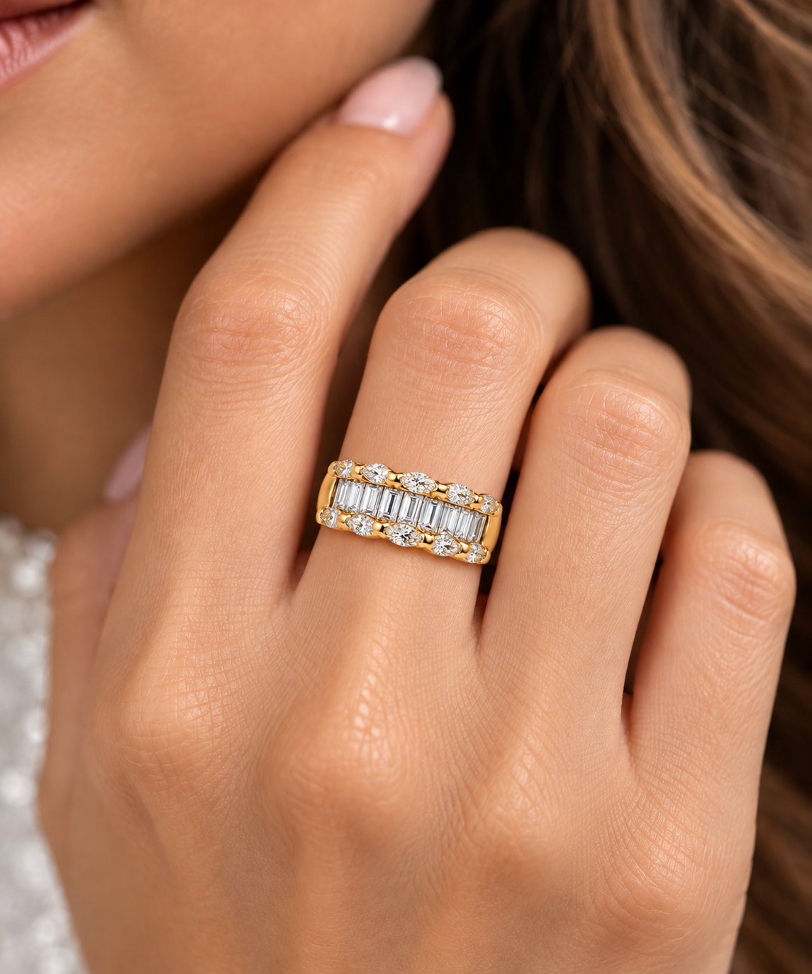 Ladies 14K Yellow Gold 2.65 Carat Diamond Baguette & Marquise Band Ring