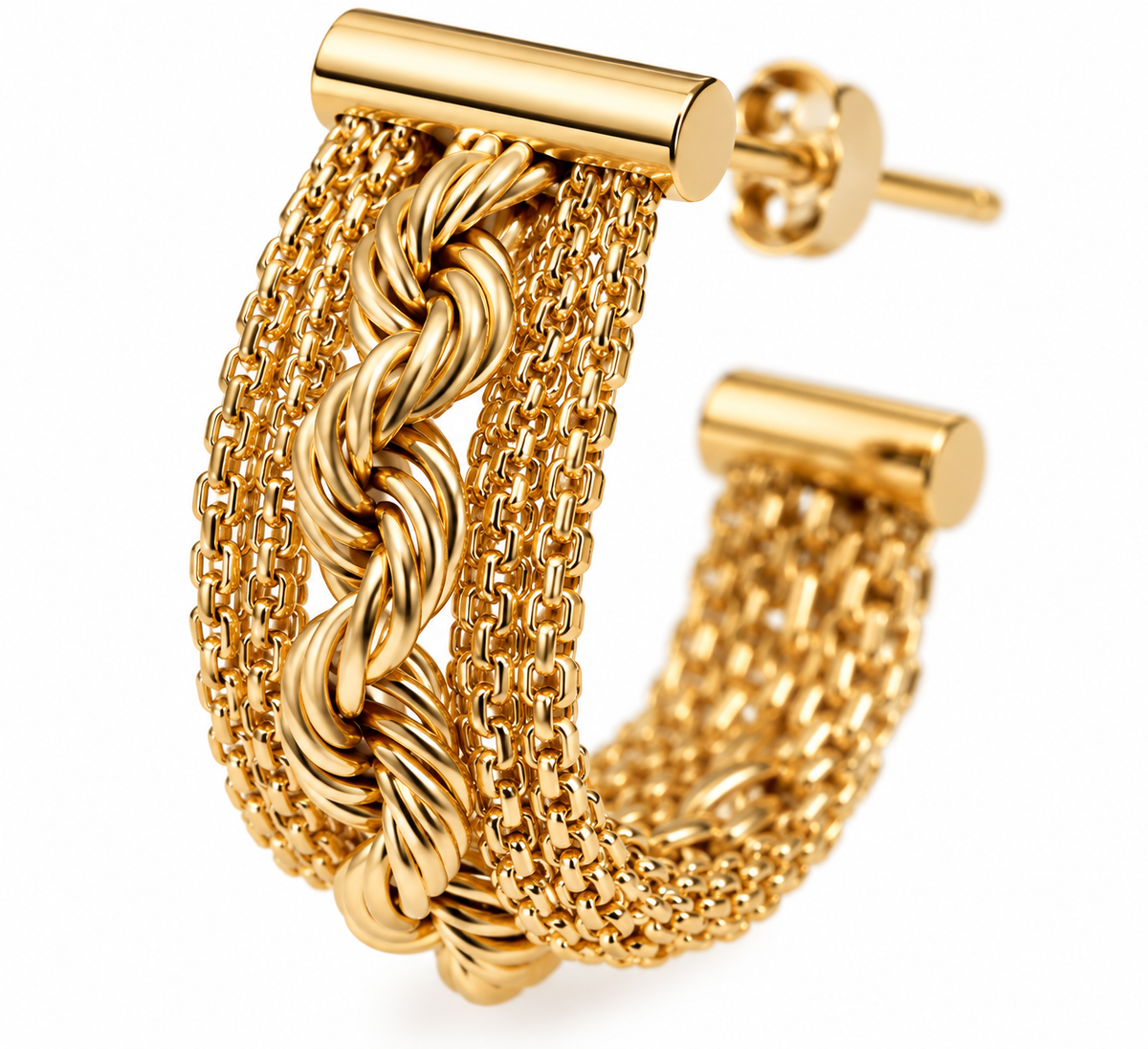 14K Yellow Gold Italian Braided Rope &amp; Mesh Hoop Earrings