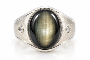Men's 14K White Gold 28 Carat Natural Black Star Sapphire & Diamond Ring