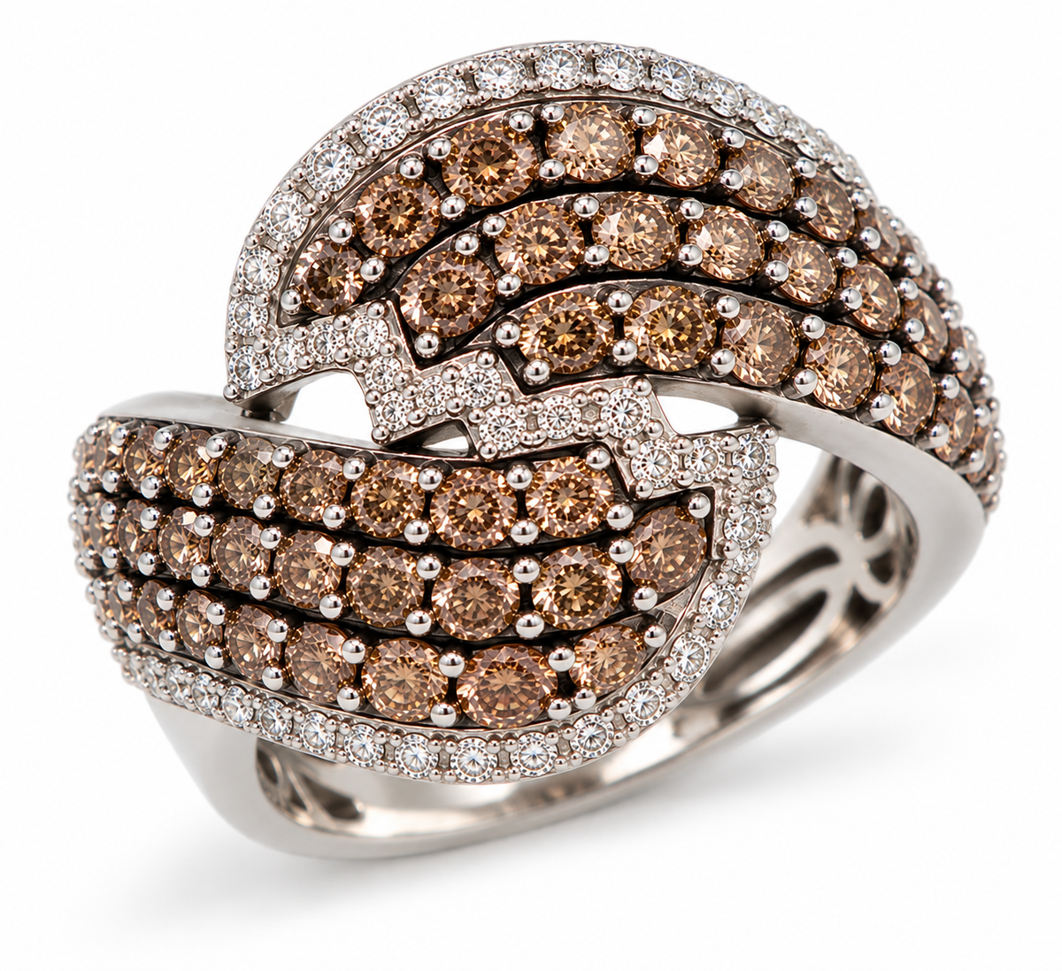 14K White Gold Champagne &amp; White Diamond Cocktail Ring – 3.50 CTW