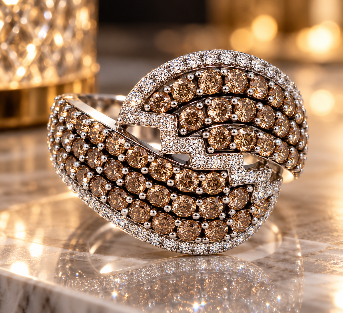14K White Gold Champagne &amp; White Diamond Cocktail Ring – 3.50 CTW