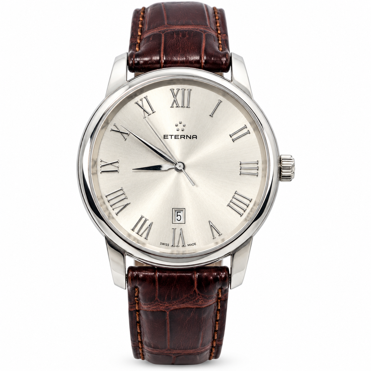 Vintage Eterna Soleure Heritage Date Men's Swiss Watch – Silver Dial & Brown Leather Strap