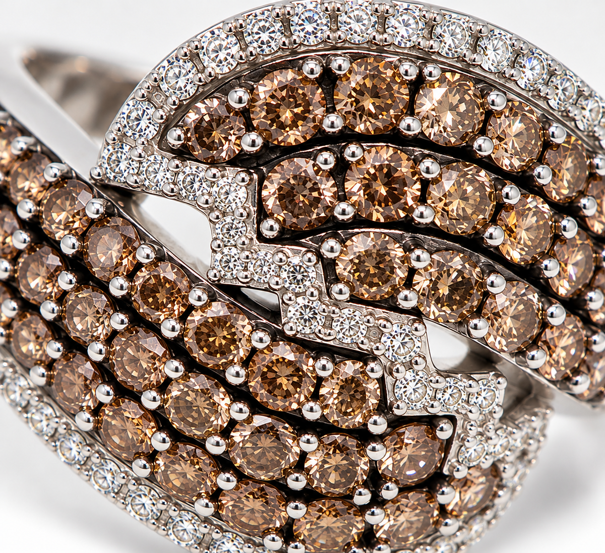 14K White Gold Champagne &amp; White Diamond Cocktail Ring – 3.50 CTW