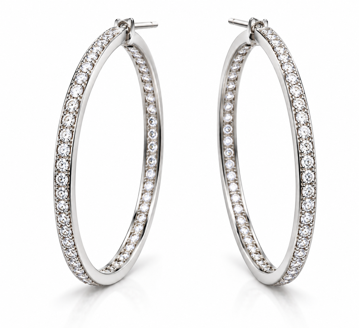 14K Solid White Gold Inside-Out Cubic Zirconia Large Hoop Earrings – 2.00 CTW