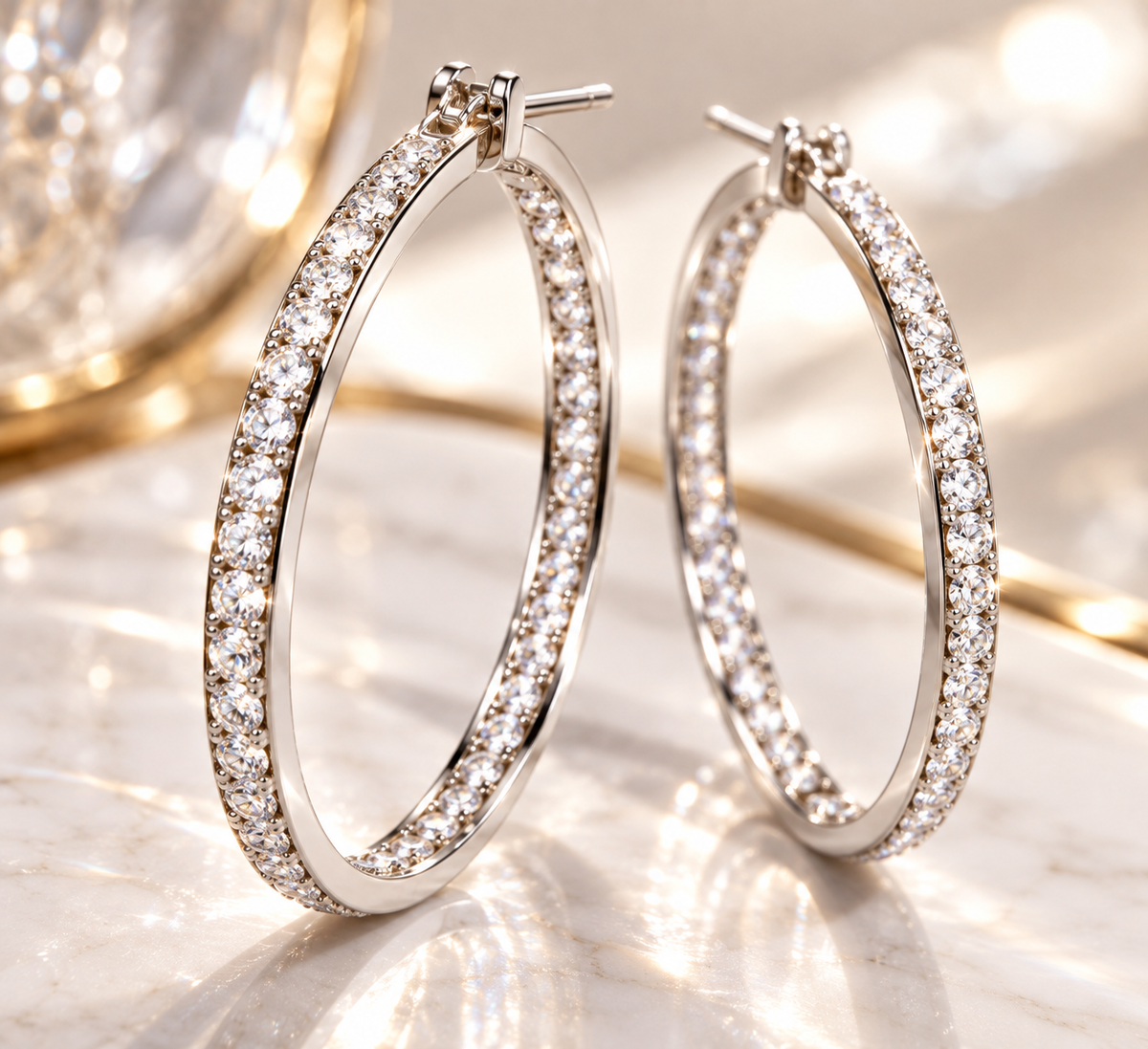 14K Solid White Gold Inside-Out Cubic Zirconia Large Hoop Earrings – 2.00 CTW
