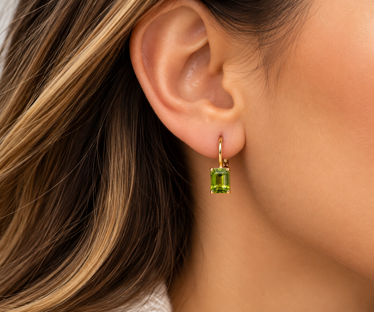 Ladies 14K Solid Yellow Gold Emerald-Cut Peridot Dangle Earrings – 2.00 CTW