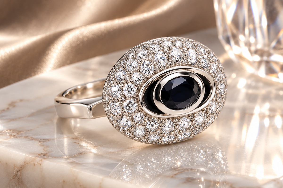 Ladies' 18K White Gold 6.25 Carat Diamond &amp; Natural Sapphire Evil Eye Statement Ring