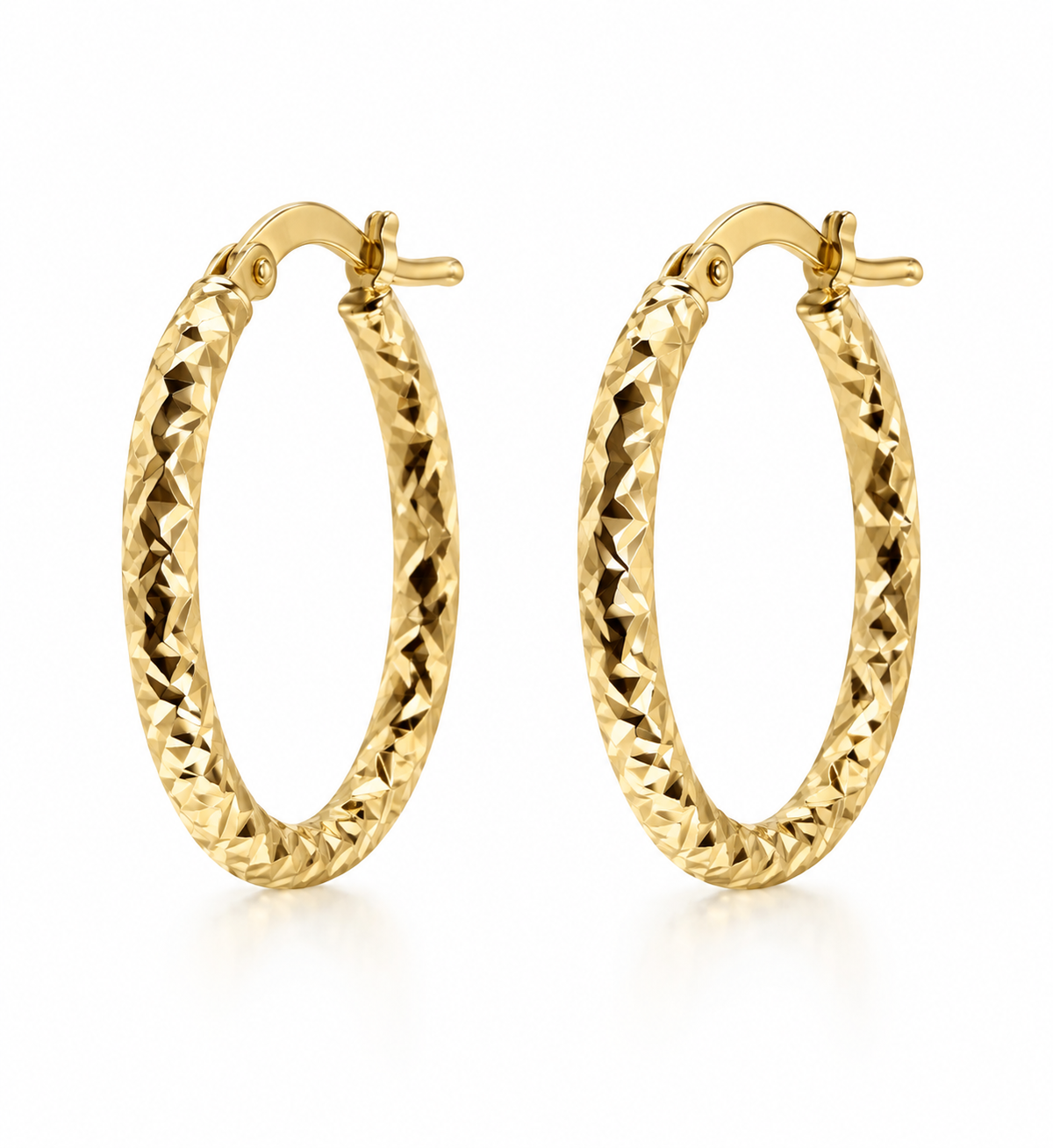 Ladies 14K Solid Yellow Gold Oval Hoop Earrings with Diamond-Cut Design