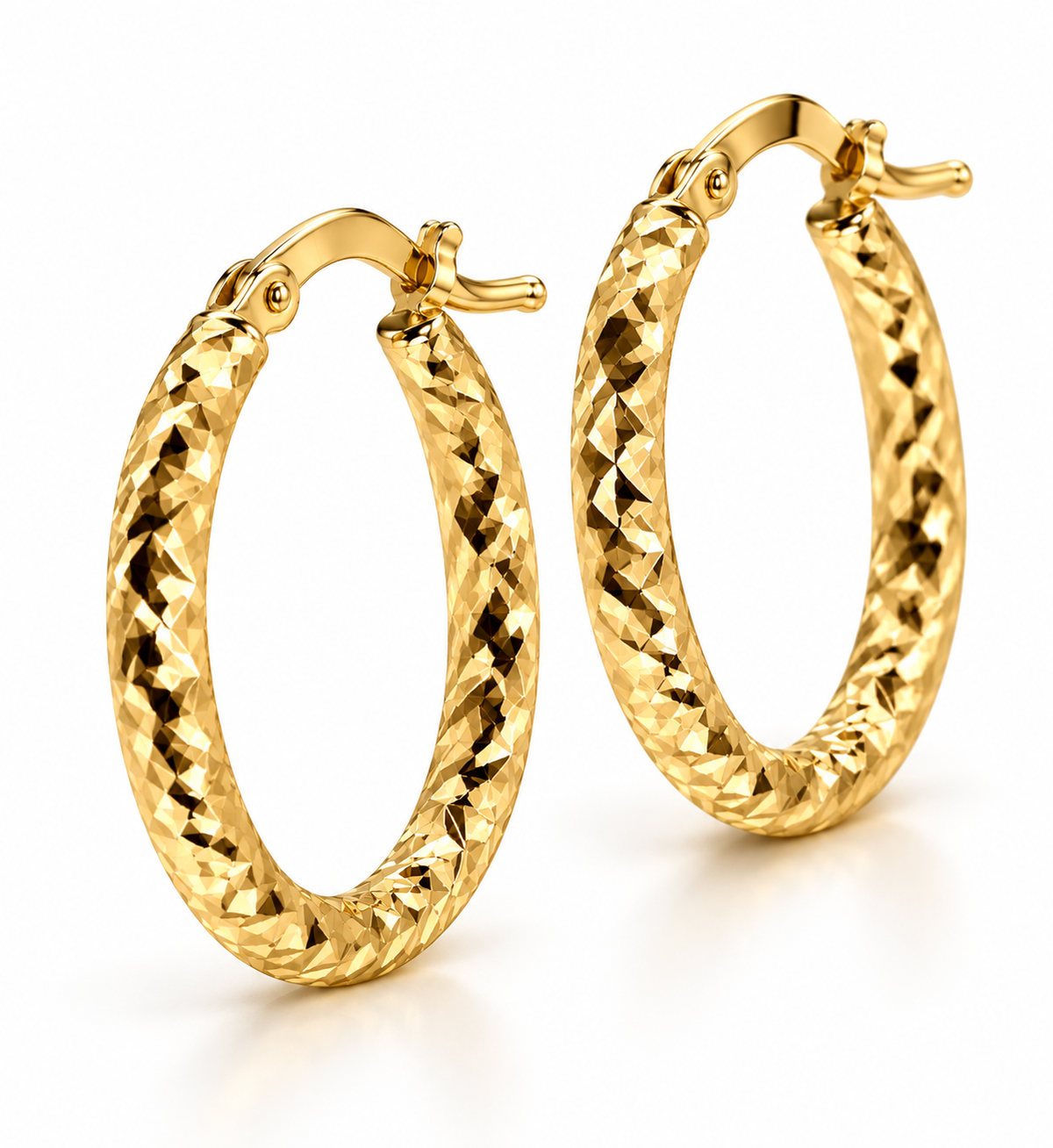Ladies 14K Solid Yellow Gold Oval Hoop Earrings with Diamond-Cut Design