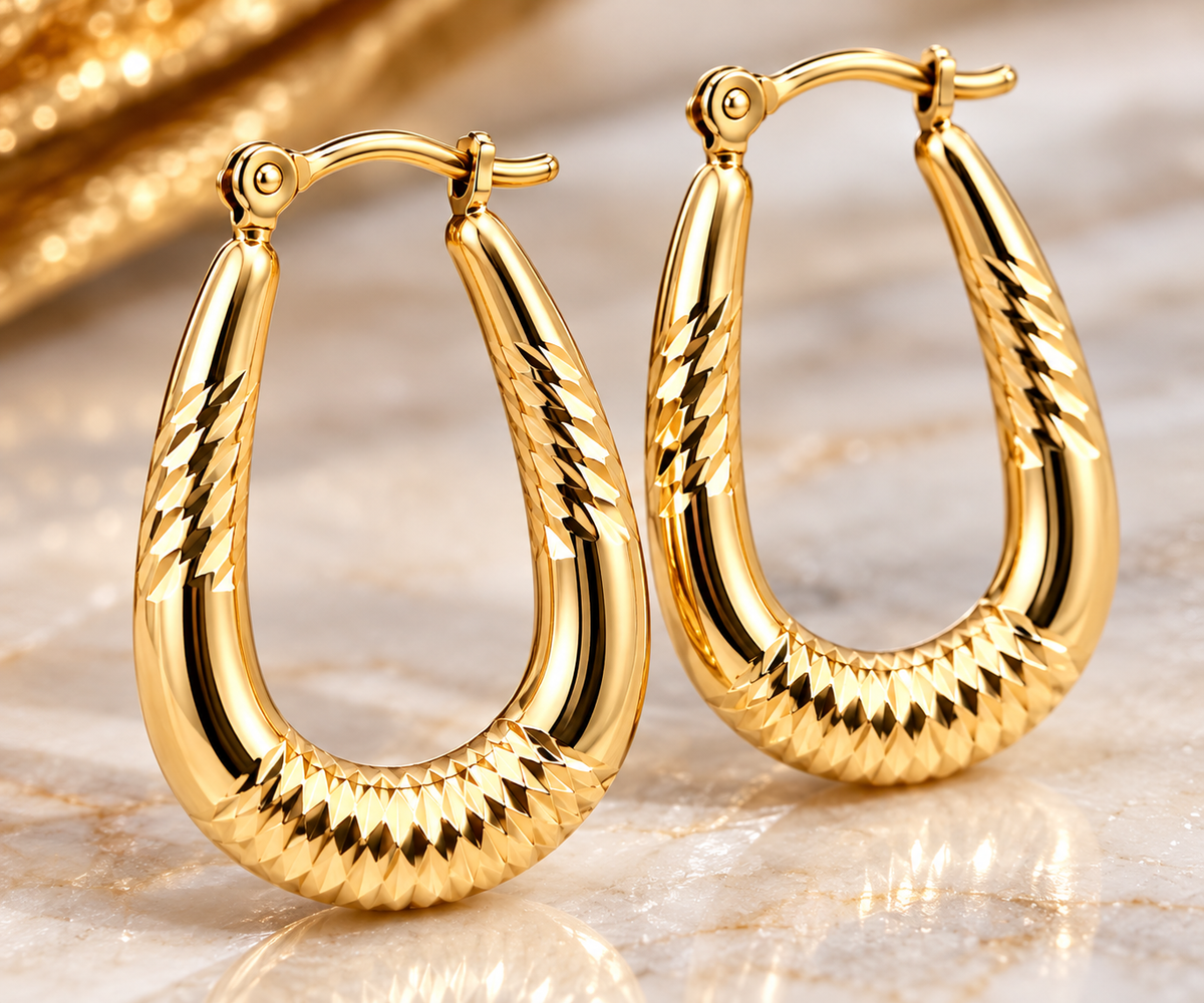 14K Yellow Gold Tapered Hoop Earrings with Diamond-Cut Design
