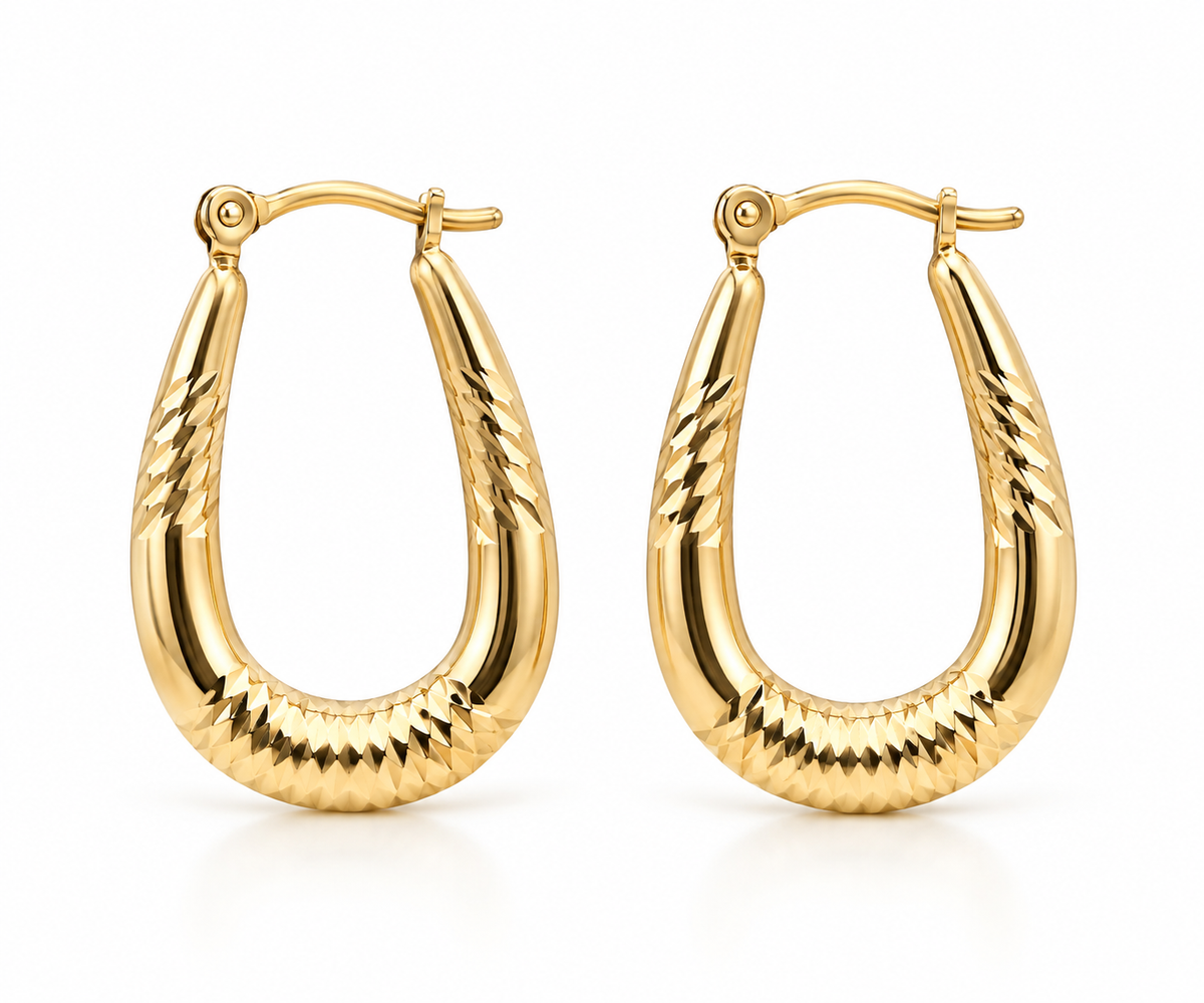 14K Yellow Gold Tapered Hoop Earrings with Diamond-Cut Design