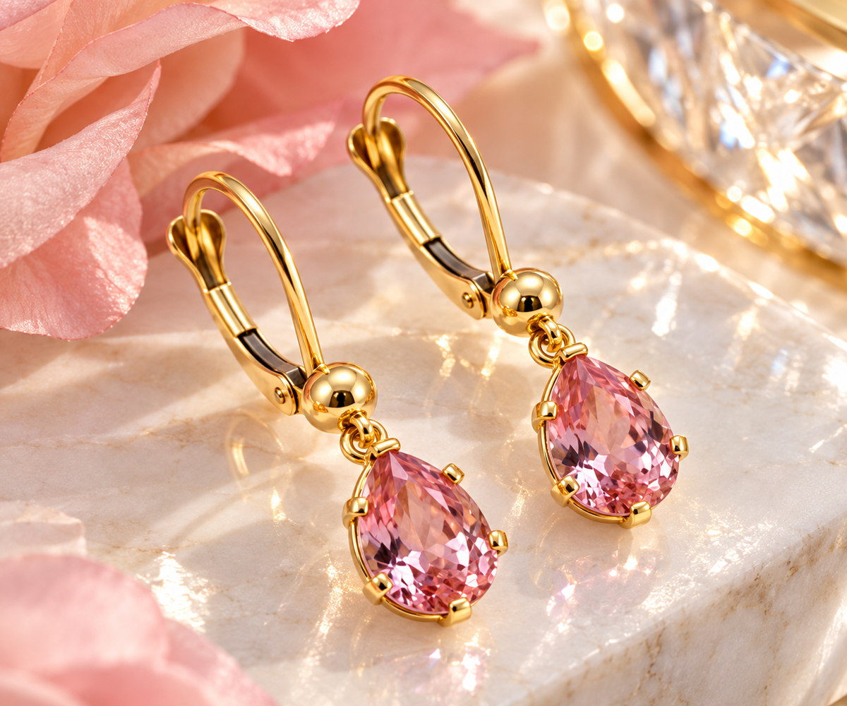 14K Solid Yellow Gold Dangling Pear-Shaped Earrings