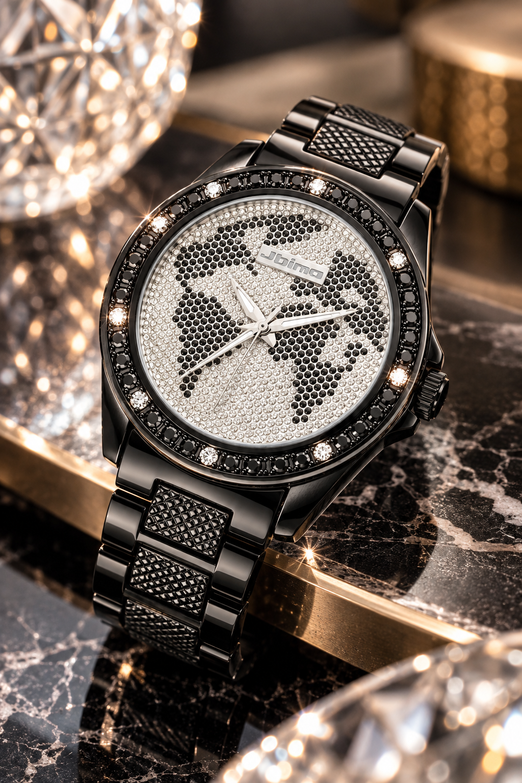 Jbimo Men's Black Stainless Steel Crystal World Map Watch