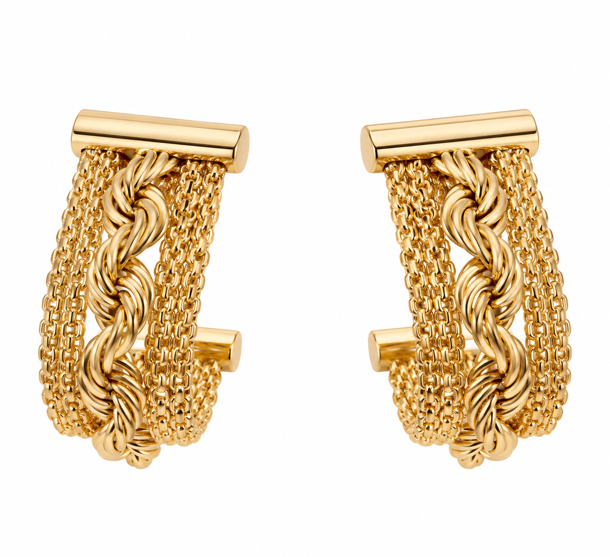 14K Yellow Gold Italian Braided Rope &amp; Mesh Hoop Earrings