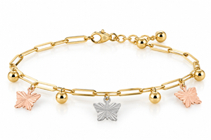 Ladies 14K Tri-Color Gold Butterfly &amp; Gemstone Heart Charm Bracelet – 8" Adjustable
