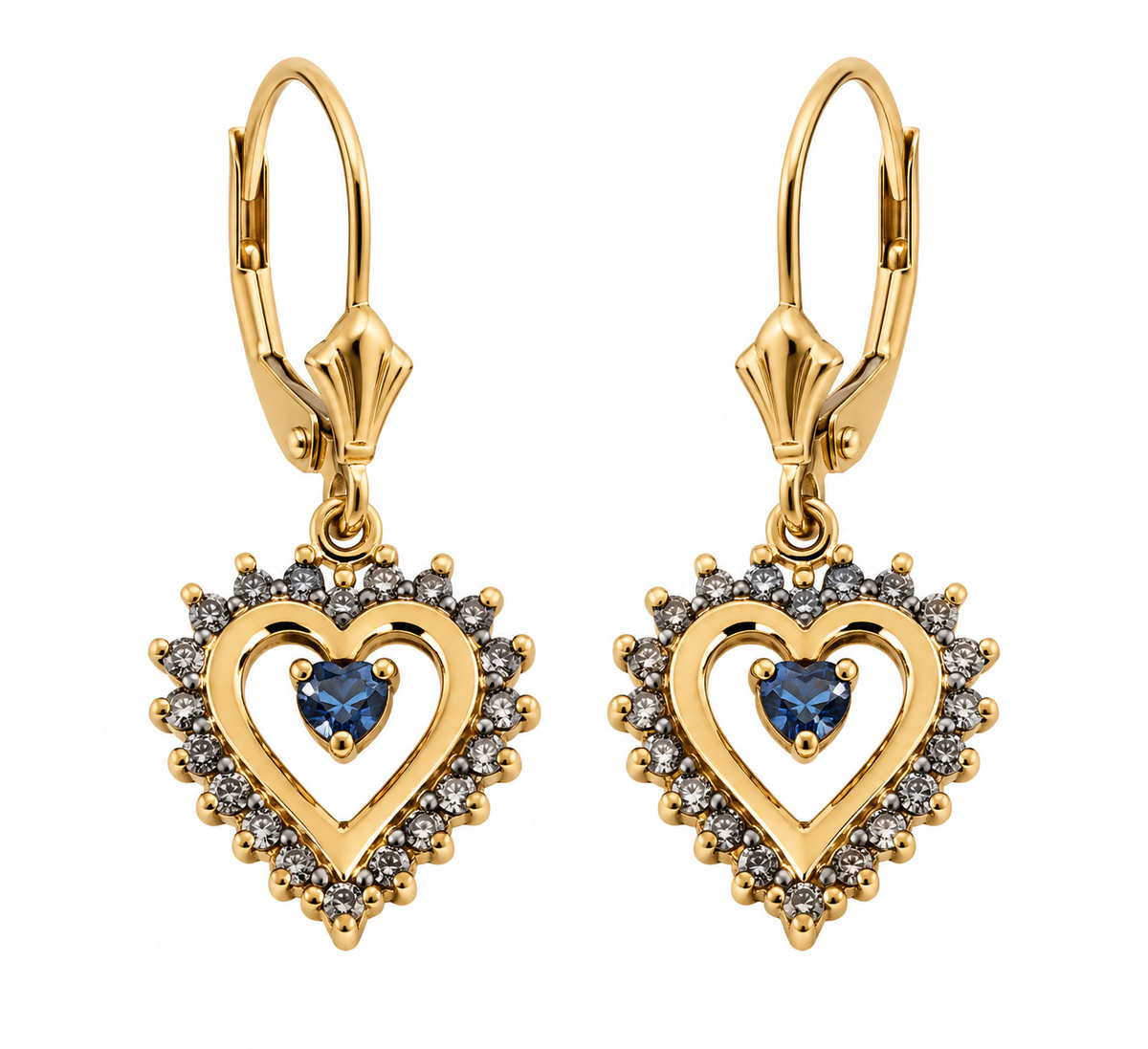 14K Solid Yellow Gold Diamond Heart Drop Earrings with Floating Blue Topaz