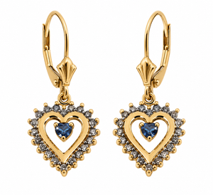 14K Solid Yellow Gold Diamond Heart Drop Earrings with Floating Blue Topaz