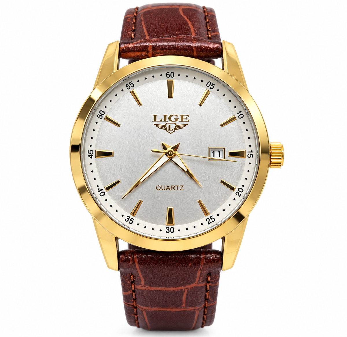 LIGE Men's Gold-Tone Quartz Watch with Silver Dial &amp; Brown Leather Strap