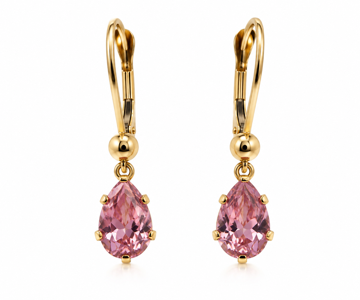 14K Solid Yellow Gold Dangling Pear-Shaped Earrings