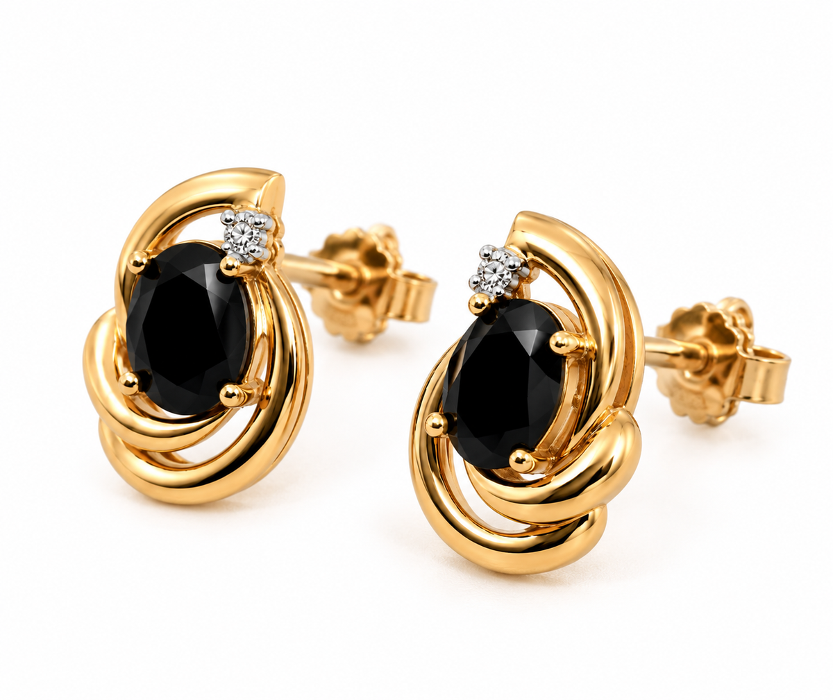 Ladies 14K Yellow Gold Oval Blue Sapphire &amp; Diamond Swirl Stud Earrings