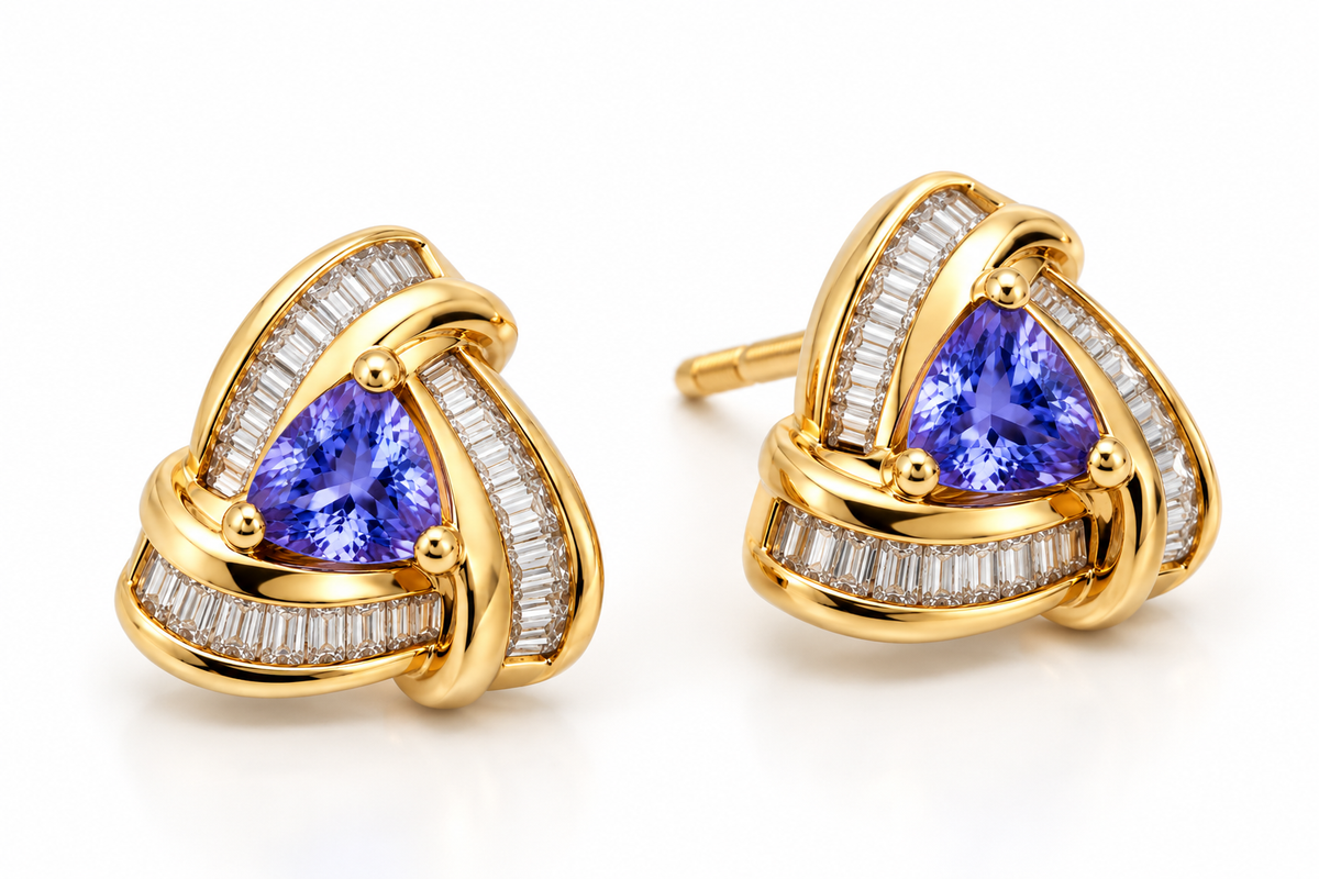 14K Yellow Gold Trillion Amethyst &amp; Diamond Lever Back Earrings