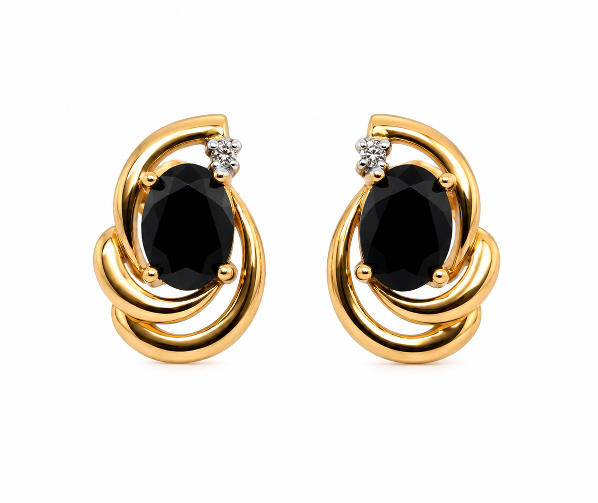 Ladies 14K Yellow Gold Oval Blue Sapphire &amp; Diamond Swirl Stud Earrings