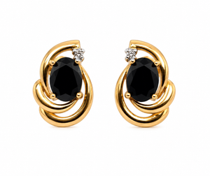 Ladies 14K Yellow Gold Oval Blue Sapphire &amp; Diamond Swirl Stud Earrings