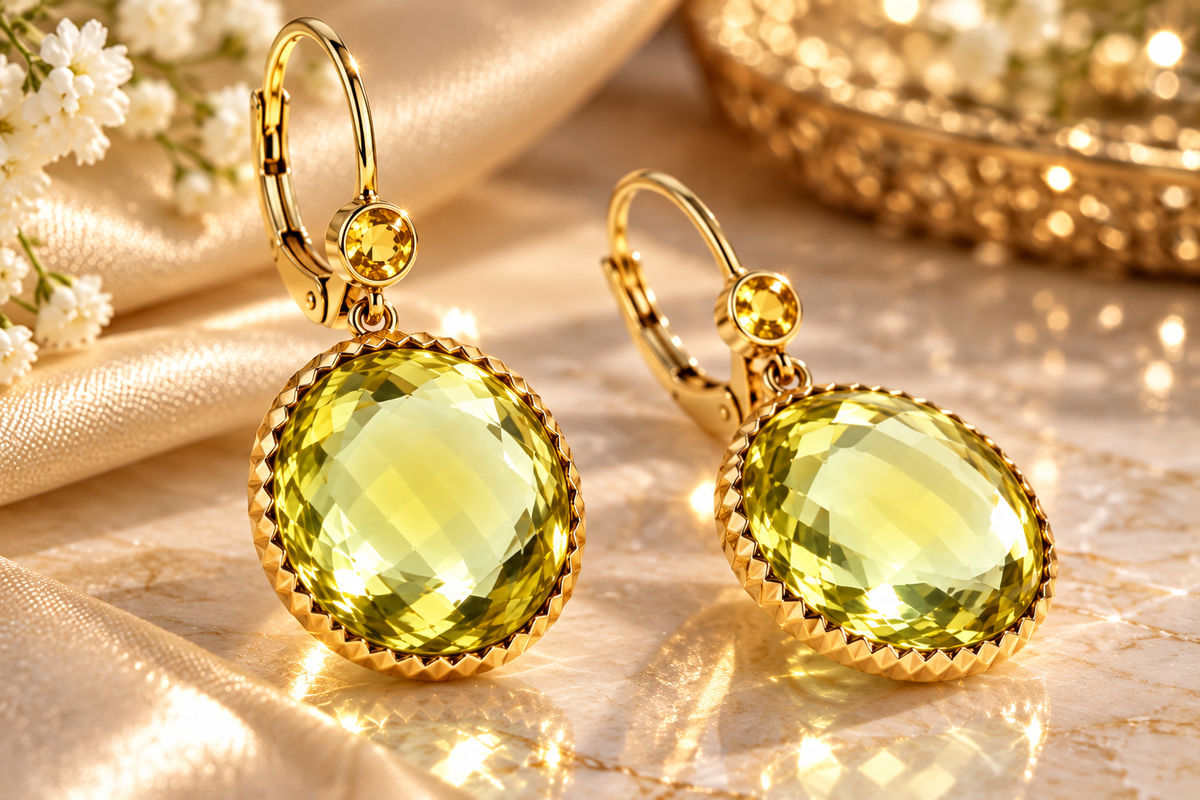14K Solid Yellow Gold Checkerboard-Cut Yellow Citrine Dangle Earrings